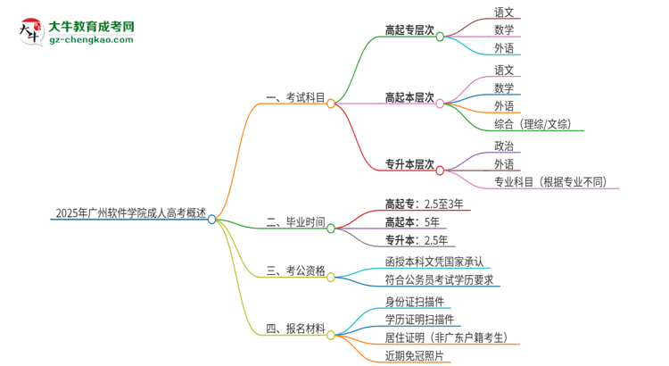 2025年廣州軟件學(xué)院成人高考入學(xué)考試考幾科？思維導(dǎo)圖