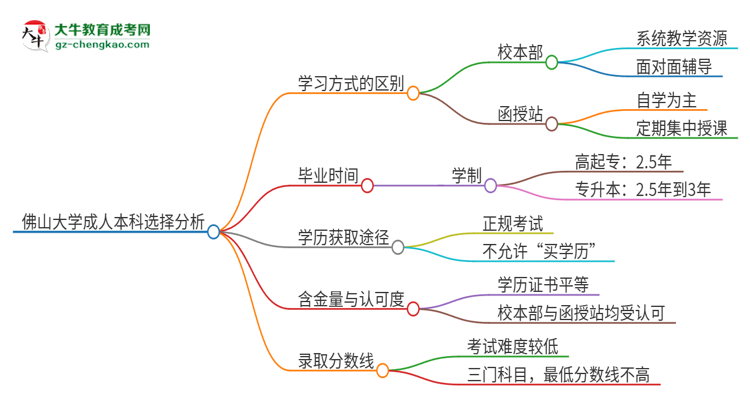 佛山大學(xué)2025年成人本科：校本部與函授站哪個(gè)好？思維導(dǎo)圖