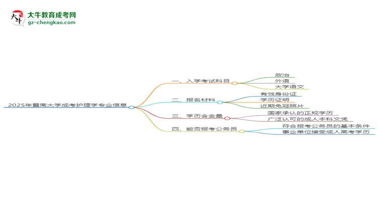 2025年暨南大學(xué)成考護(hù)理學(xué)專業(yè)入學(xué)考試科目有哪些？思維導(dǎo)圖