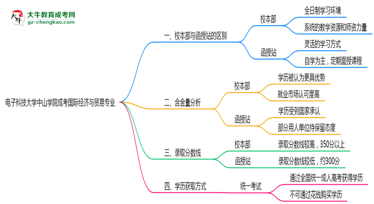 電子科技大學(xué)中山學(xué)院2025年成考國(guó)際經(jīng)濟(jì)與貿(mào)易專業(yè)校本部和函授站哪個(gè)更好？思維導(dǎo)圖