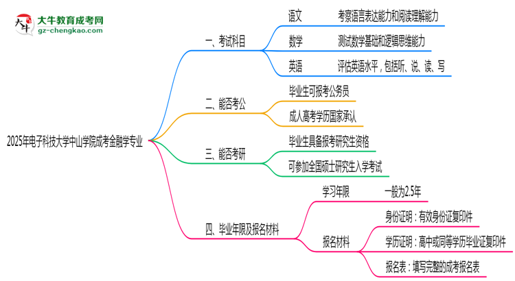 2025年電子科技大學(xué)中山學(xué)院成考金融學(xué)專業(yè)入學(xué)考試科目有哪些？思維導(dǎo)圖