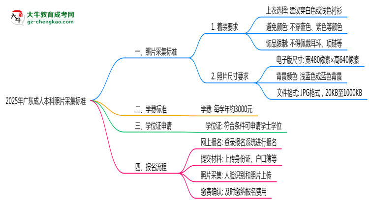 2025年廣東成人本科照片采集標(biāo)準(zhǔn)：著裝/尺寸要求詳解思維導(dǎo)圖