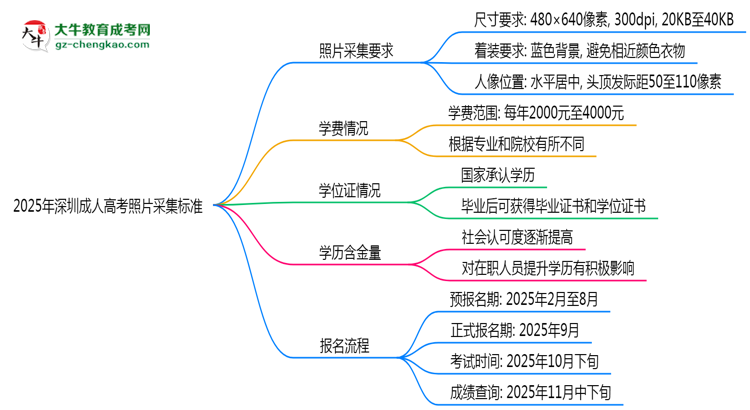 2025年深圳成人高考照片采集標(biāo)準(zhǔn)：著裝/尺寸要求詳解思維導(dǎo)圖