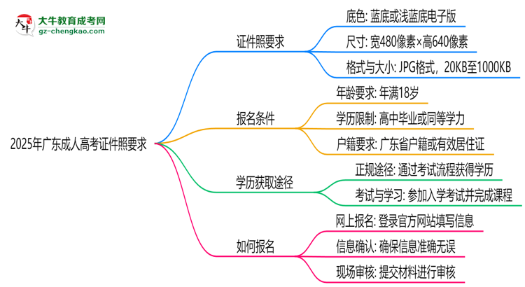 2025年廣東成人高考證件照要求：藍(lán)底/尺寸/修圖思維導(dǎo)圖