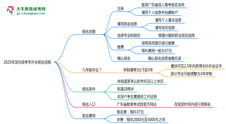 2025年深圳成考專升本報名流程：從注冊到繳費全指南思維導圖