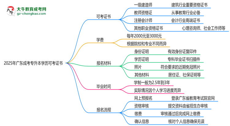 2025年廣東成考專升本學(xué)歷可考證書：一建/教資等思維導(dǎo)圖