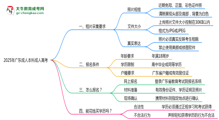2025年廣東成人高考證件照拍攝規(guī)范要求思維導圖