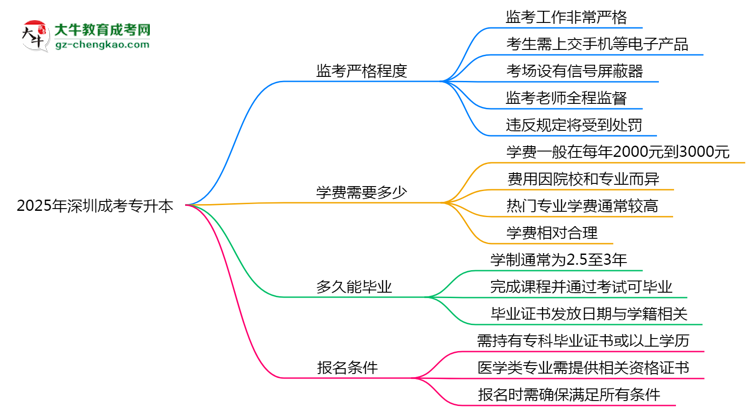 2025年深圳成考專升本考場(chǎng)監(jiān)考嚴(yán)格程度說(shuō)明思維導(dǎo)圖