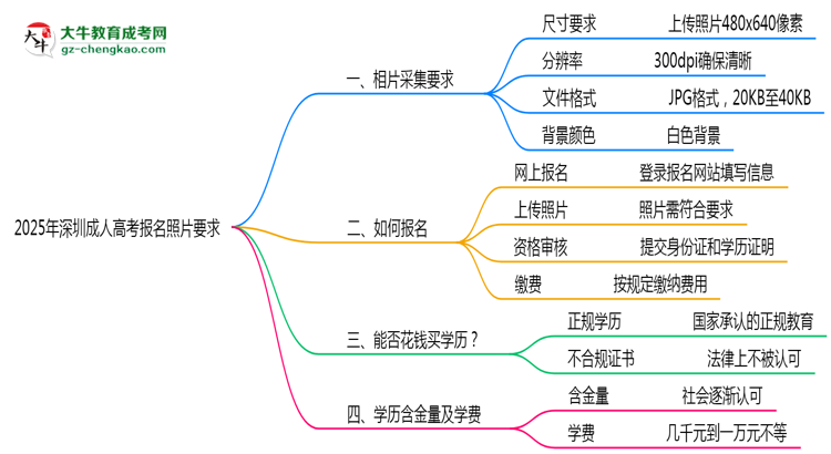 2025年深圳成人高考報名照片格式尺寸及背景要求思維導(dǎo)圖